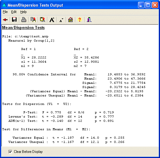 Mean/Dispersion Tests - Ouput